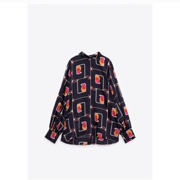 Tops - Zara High Neck Satin Effect Printed Blouse